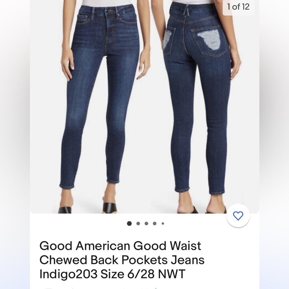 Good American Good Waist Chewed Back Pockets Jeans Indigo203 Size 6/28 NWT.
